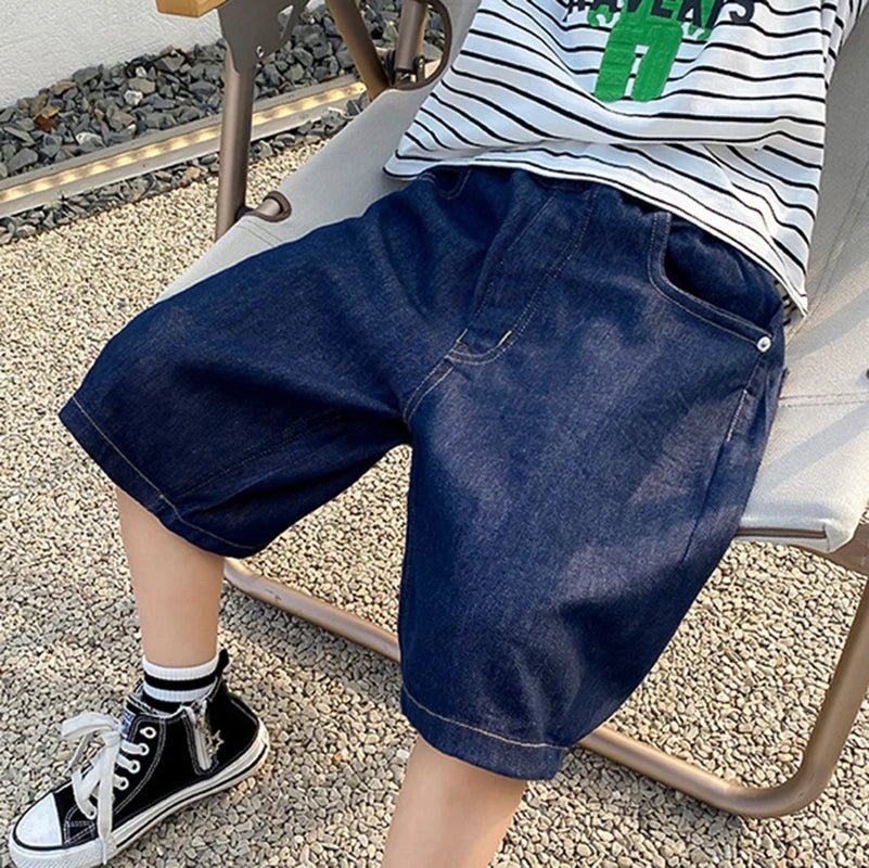 Teen Boys Denim Shorts 2026 New Summer Children Loose Wide Leg Knee Length Jean Pants Kid Casual Streetwear Elastic Waist Shorts