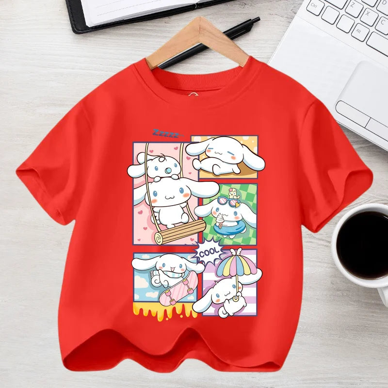 2026 Summer Casual Clothes Kawaii Gift Cute Cinnamoroll Girl T-shirt Cotton Anime Print Tee Shirt Kids Short Sleeve Streetwear