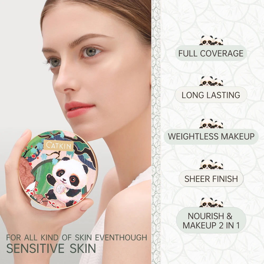 CATKIN Panda Land Full Coverage Cushion Fondation, Breathable Hydrating Nourishing Poreless Face Makeup Save for Sensitive Skin