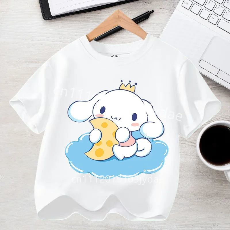2026 Summer Casual Clothes Kawaii Gift Cute Cinnamoroll Girl T-shirt Cotton Anime Print Tee Shirt Kids Short Sleeve Streetwear