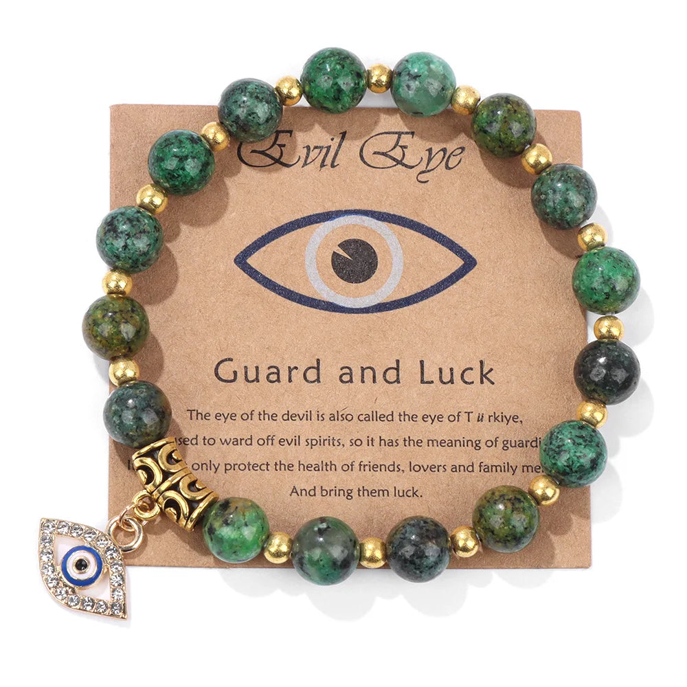 Green Aventurine Stone Card Bracelet Turkish Evil Eye Pendant Bracelets For Women Men Luck Protection Pray Meditation Jewelry
