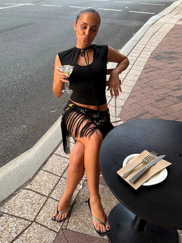 Casual Embroidery Mini Skirts Women Tassel Patchwork Low Waist Lady Short Irregular Skirts Female 2026 Summer Lady Bottoms Chic