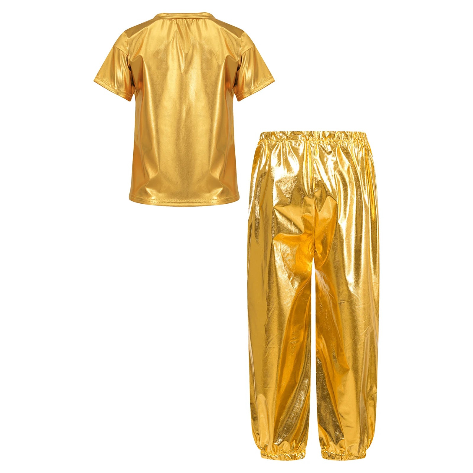Kids Girls Boys Fashion Clothes Set Metallic Shiny T-shirt with Pants Suit for Jazz Hip Hop Street Dance Performance Costume