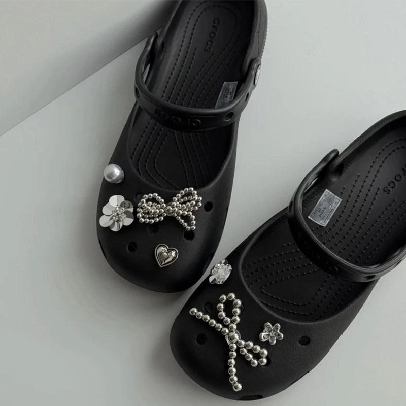 Bling Silver Rhinestone Flower Shoe Charms Metal Bead Bow & Heart Clog Charms Luxury DIY Shoe Decoration Punk Y2K Style Clog Pin