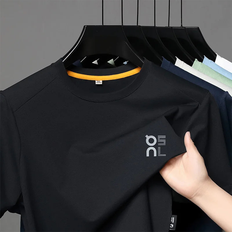 High end brand ice silk short sleeve summer breathable comfort quick drying men's T-shirt fashion printed casual round neck top