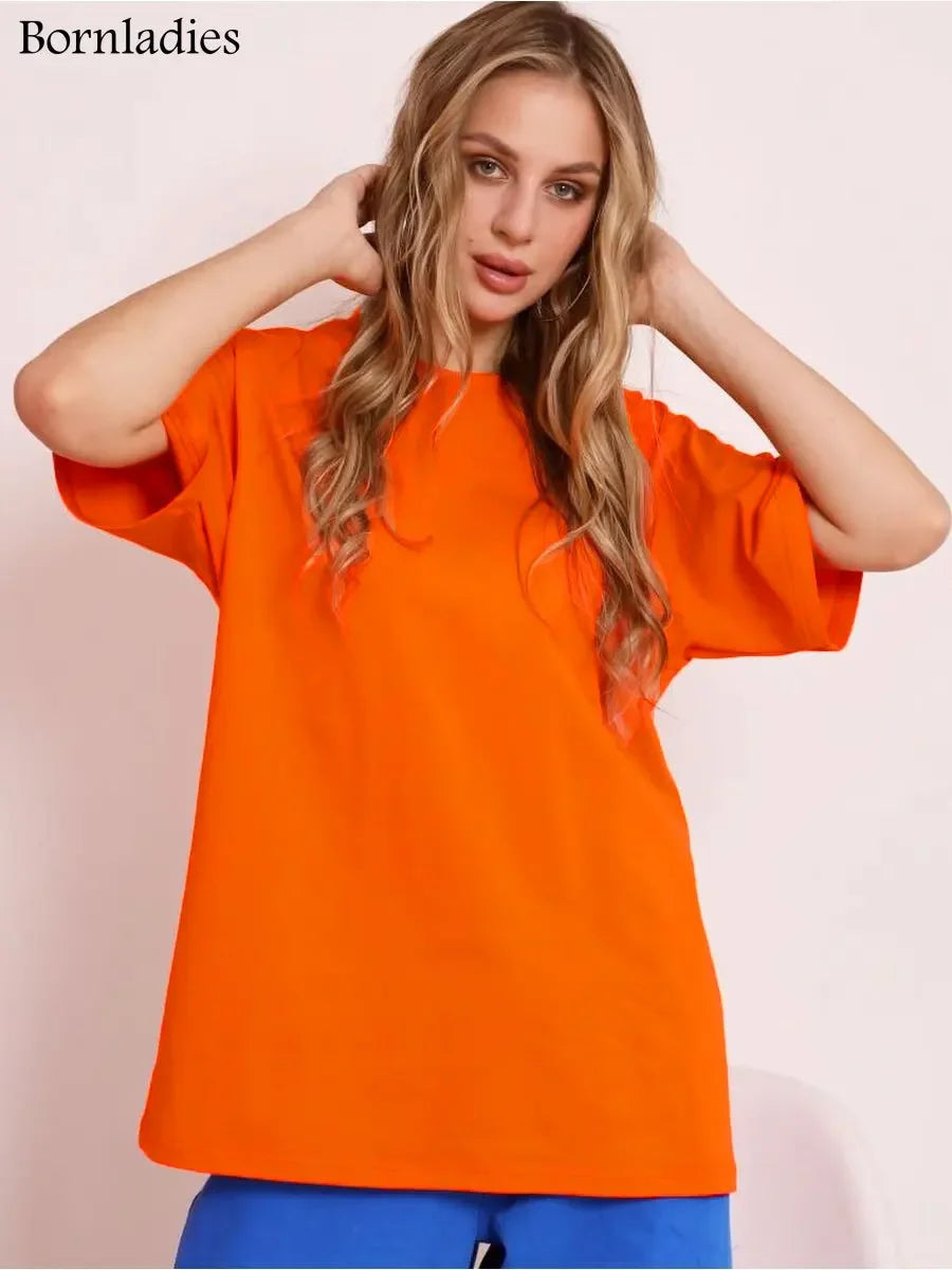 Bornladies 2025 Women's Summer 100% Cotton T-shirt Bottoming Basic Fashionable Solid Lady Short Sleeve Loose Tops Shirts