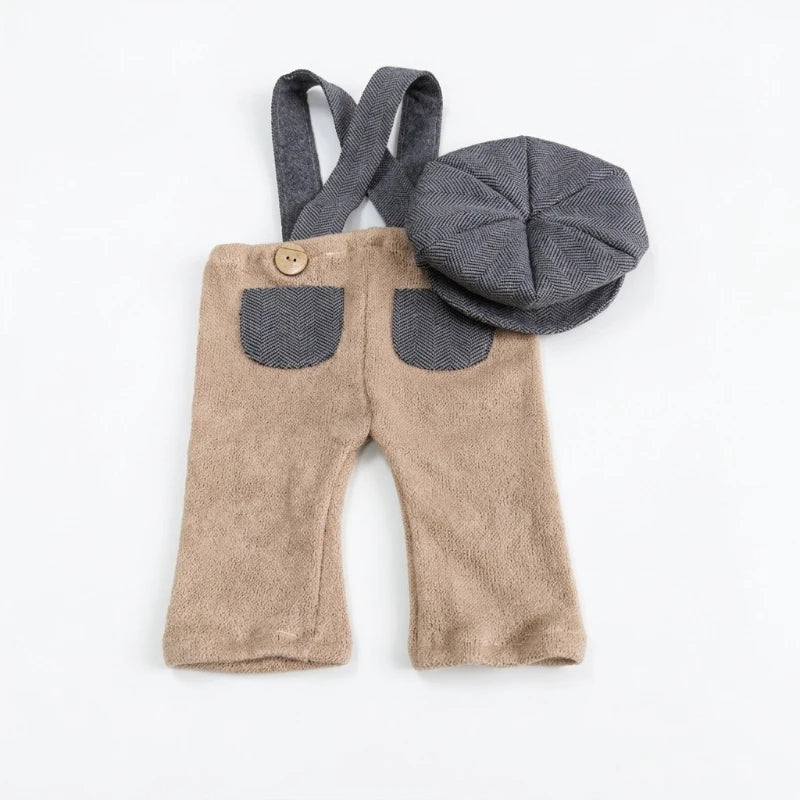 Newborn Boy Photography Props Knit Suspender Romper with Newsboy Hat Set Infant Photo Shoot Outfits Baby Photo Accessories