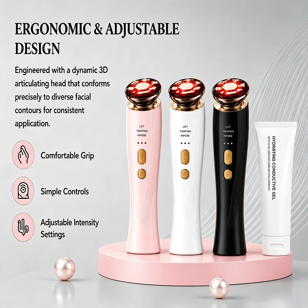 3 in 1 Red Light Handle Facial Device Portable V Shaped Face Lifting Slimming Massager for Neck Skin Tightening Anti-Aging Skincare Tool For Women Travel Home Use Gift