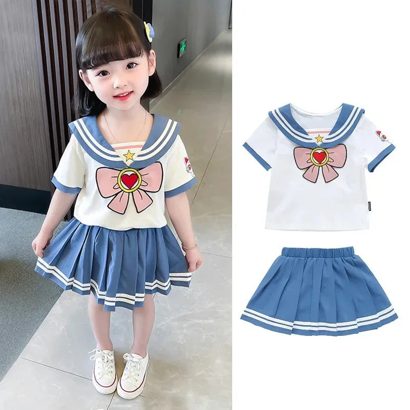 Baby Girls Clothes Sets Summer Bow Striped Tops Pleated Skirts Suits Cute Sailor Moon Cosplay Party Custume Children Clothes Set