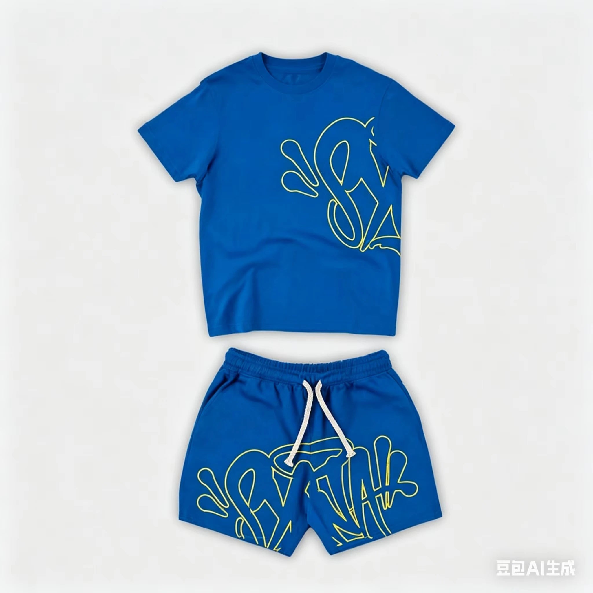 2026 Summer New Style Unisex Abstract Graffiti Graphic 2 Piece Tracksuit Black Tee and Elastic Waist Shorts for Kids Streetwear