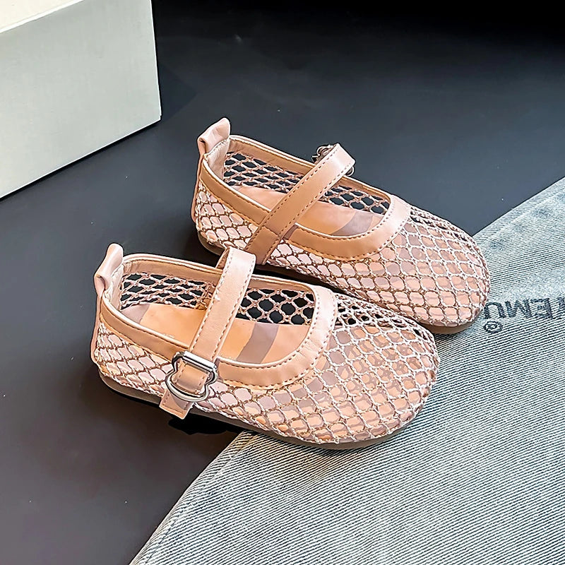 Children's Perforated Mesh Slip-on Shoes New Beige Breathable Boys' Girls' Leather Shoes Pink Soft Anti-slip Kids Baby Sandals