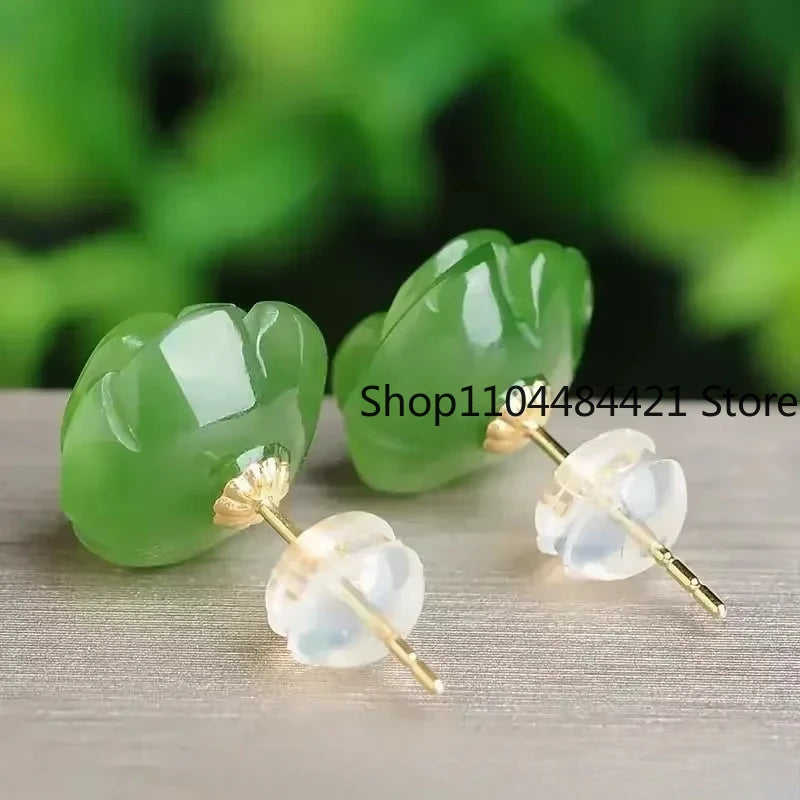 Natural Real Green Jade Rose Earrings 925 Sterling Silver Ear Studs Vintage Gemstone Jewelry TalismansEnergy Amulet Luxury Gift