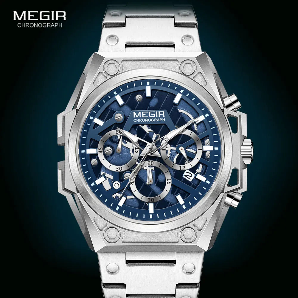 MEGIR Blue Watch Men Stainless Steel Dress Wrist Watch Man Waterproof Chronograph Quartz Watches Relogio Masculino часы мужские