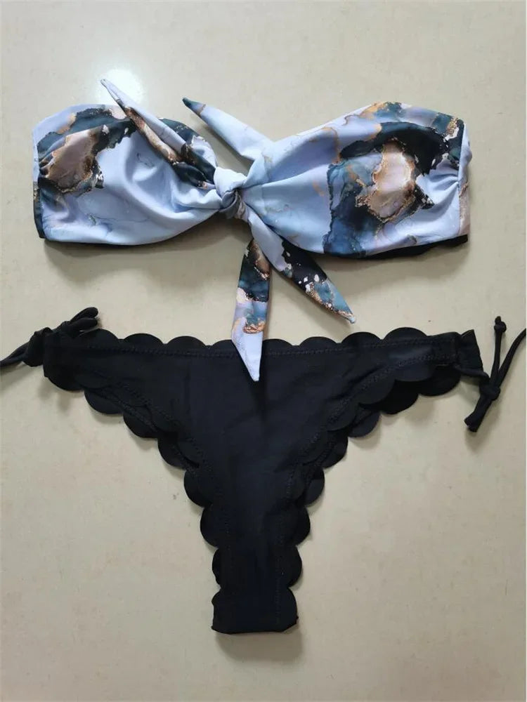 Beach Bikini 2026 Woman Sexy Front Lace Up Tie Bandeau Leopard Swimsuit Female Push Up Ruffled Bow Bathing Suit Thong Swimwear