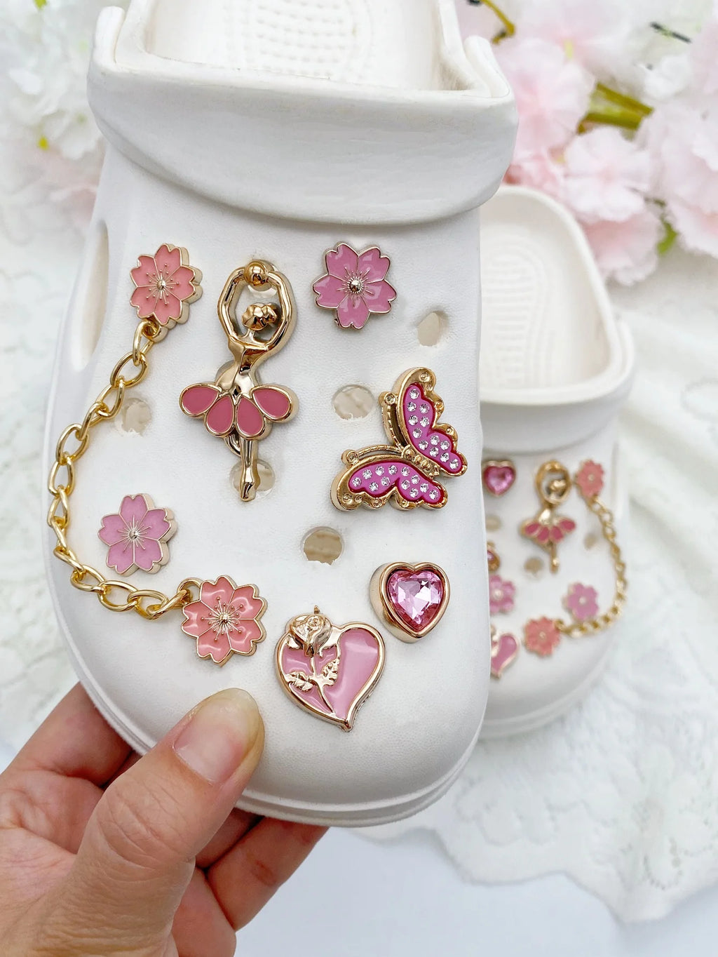14pcs Fashion ABS Shoe Charms – Pink Flowers, Butterflies, Hearts & Flower Chains. DIY Removable Clog Decorations for Sandals, A
