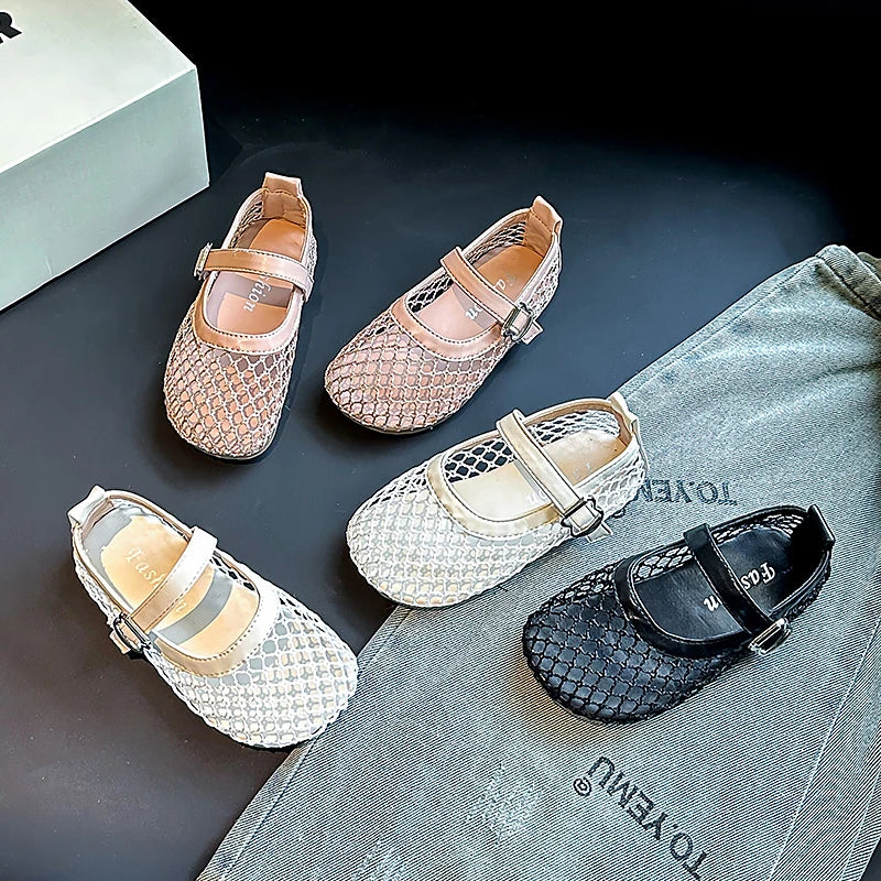 Children's Perforated Mesh Slip-on Shoes New Beige Breathable Boys' Girls' Leather Shoes Pink Soft Anti-slip Kids Baby Sandals