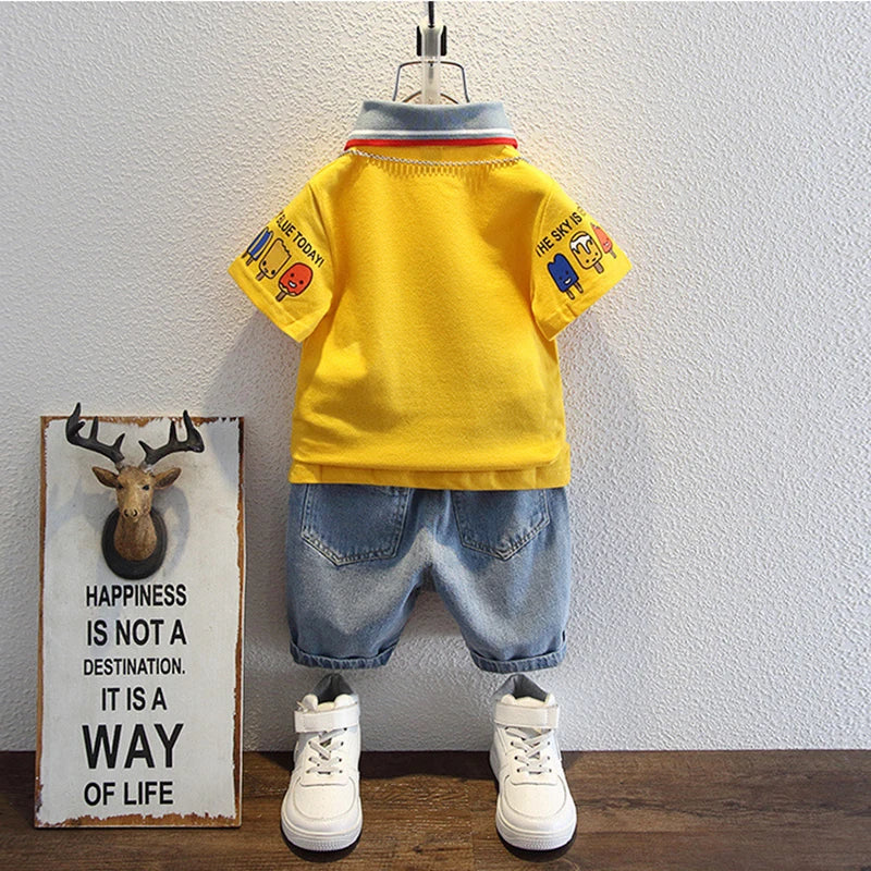 2-10 Years Kids Boys Clothes Set Summer Short Sleeve Cartoon Print Lapel T-shirt And Denim Shorts 2PCS Children Tracksuit Outfit