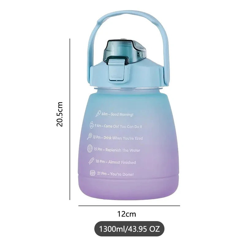 1.3L Large Capacity Sports Water Bottle with Straw Gradient Color Women's Outdoor Running Portable Plastic Bottle