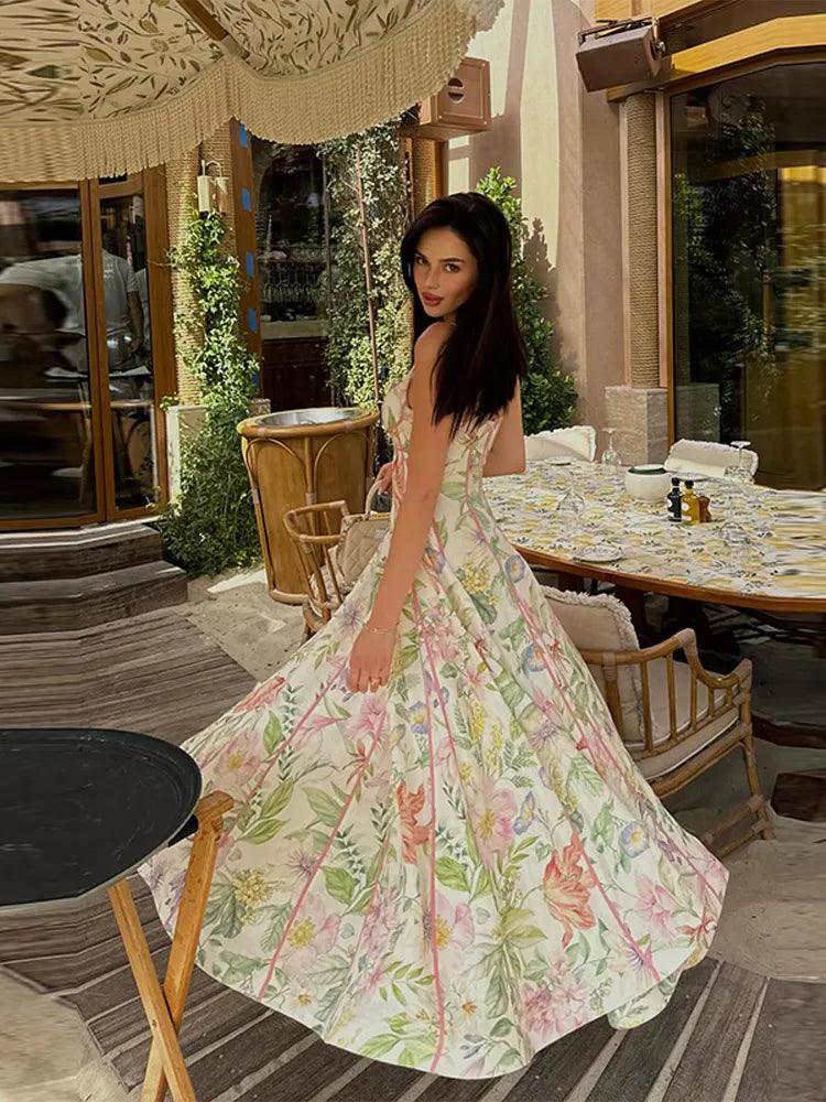 Fashion Women's Dress Halter Sleeveless Hollow Out Print Female Dresses 2026 Summer Vacation Holiday Beach Chic Sexy Lady Robe