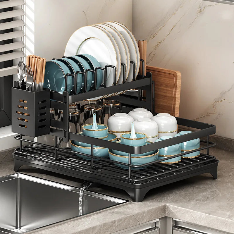 Adjustable Stainless Steel Dish Drying Rack with Drainboard - Over The Sink Plate Organizer, Kitchen Storage & Drainer