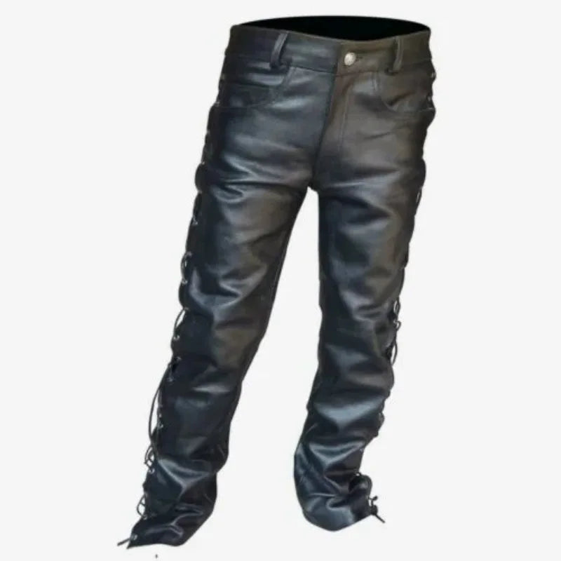Men's Black Thick Leather Side Laces Up Jeans Style Long Pant Motorcycle Leather Trousers Leather Motorcycle Pants
