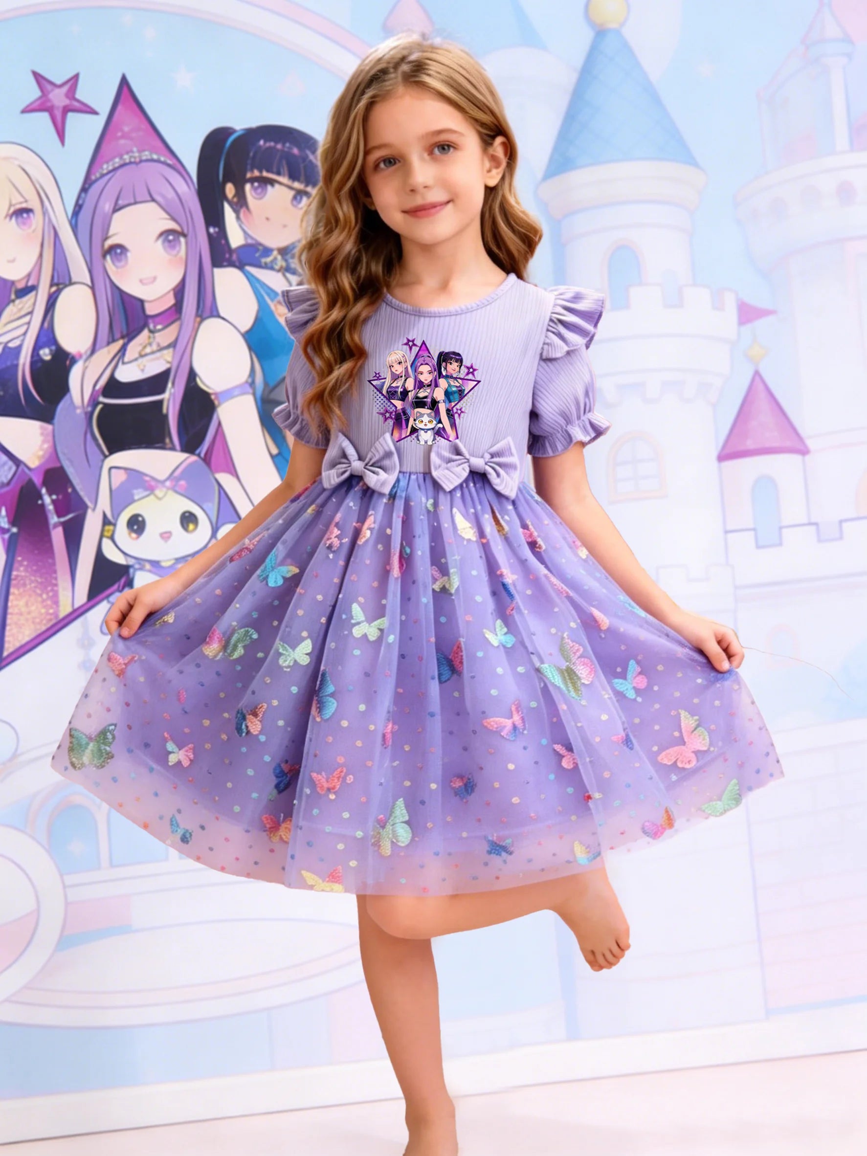 Dreamy Style Kids Princess Dress, Purple, K-POP Cartoon Print + Colorful Dot Butterfly Sequin Elements