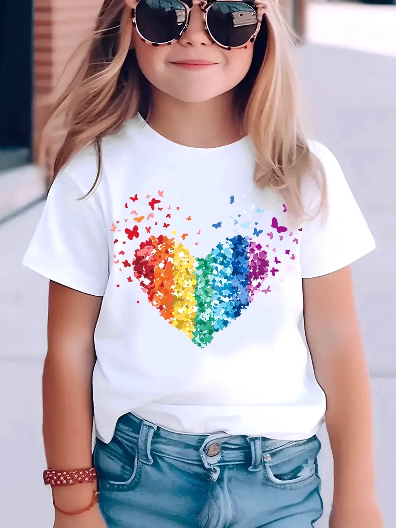 2026 Rainbow-colored Heart Round Neck T-shirt Children Fashion Sequined Heart-patterned Trendy Item for Girls Kids Y2k Clothing