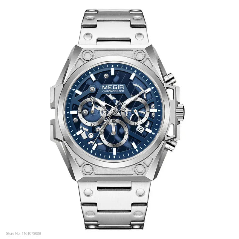 MEGIR Blue Watch Men Stainless Steel Dress Wrist Watch Man Waterproof Chronograph Quartz Watches Relogio Masculino часы мужские