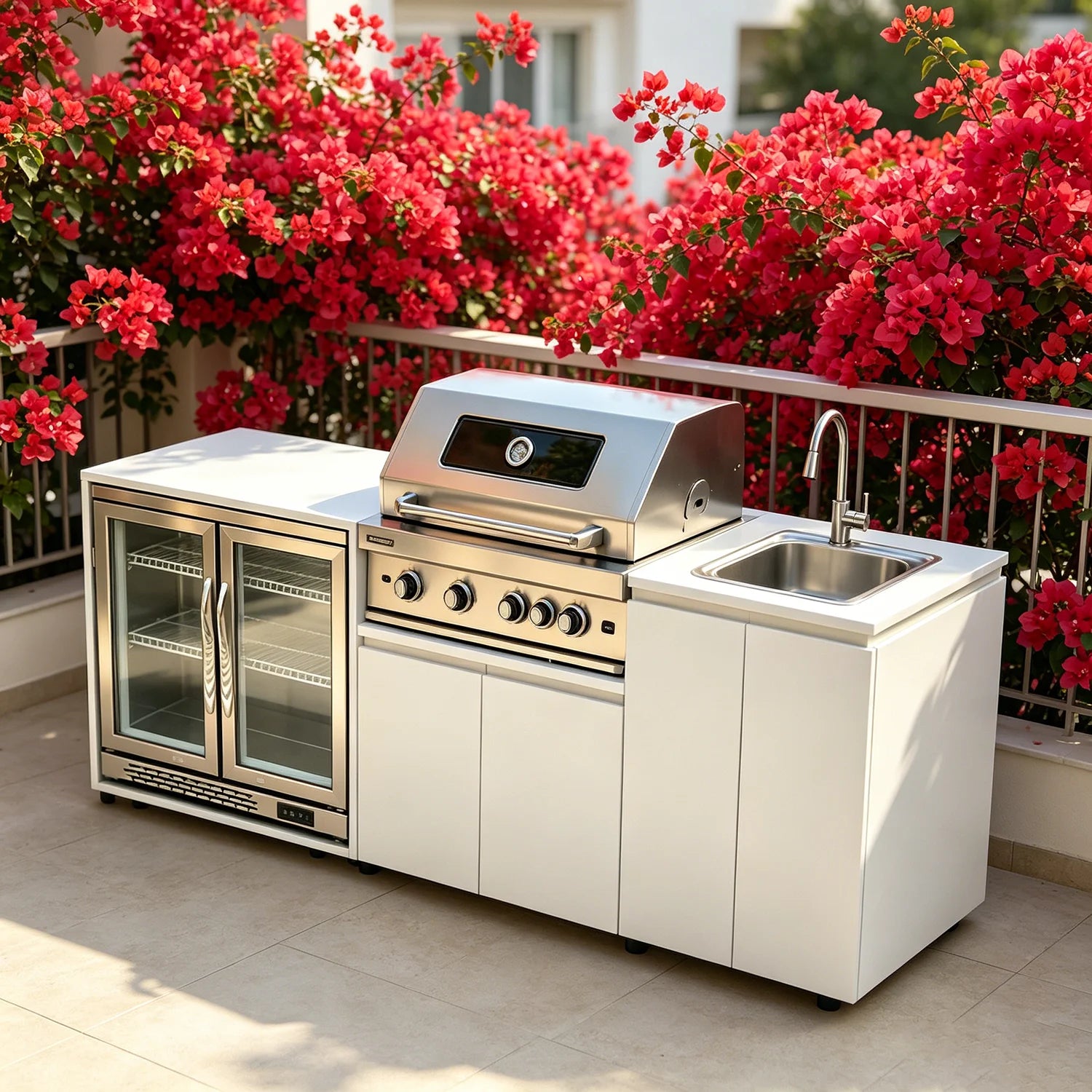 Stainless Steel Outdoor Kitchen With BBQ And Fridge With Grill Cooktop Sink Fridge Rolling Movable On Wheels For Backyard Patio