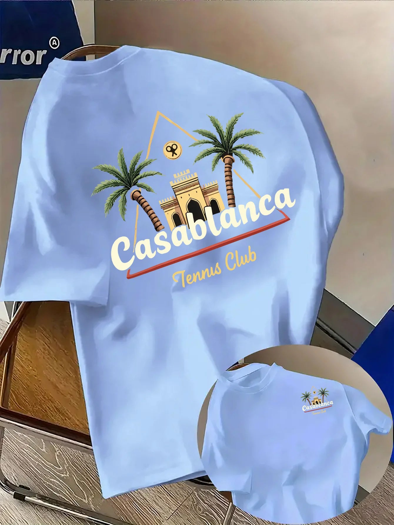 Palm Tree and Moroccan Building Print on Premium Soft 100% Cotton Men's T Shirt Perfect for Summer Tropical Casual Style