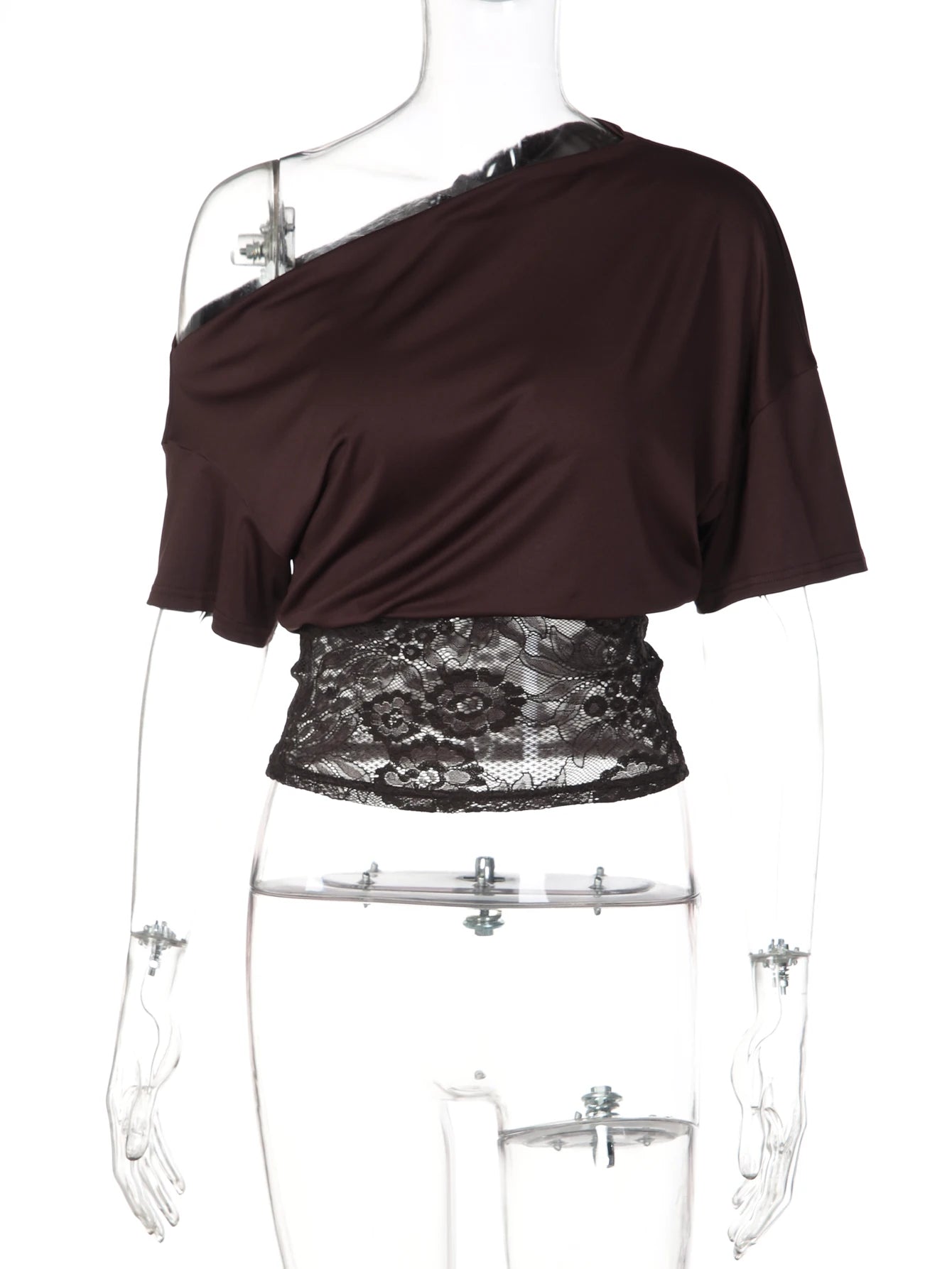 Dulzura Inclined Shoulder Short Sleeve Slim Lace Patchwork T-Shirt Women'S Vintage Sexy Casual Y2K Top Party Club Summer Clothes