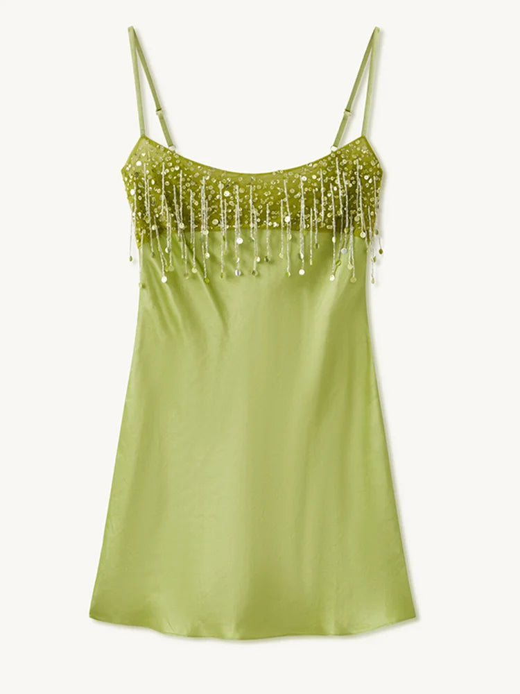 Chic High End Sequin Tassel Satin Dress Women's Elegant Straps Low Neck Mini Vistidos 2026 Stylish Back Zipper Beach Party Gown