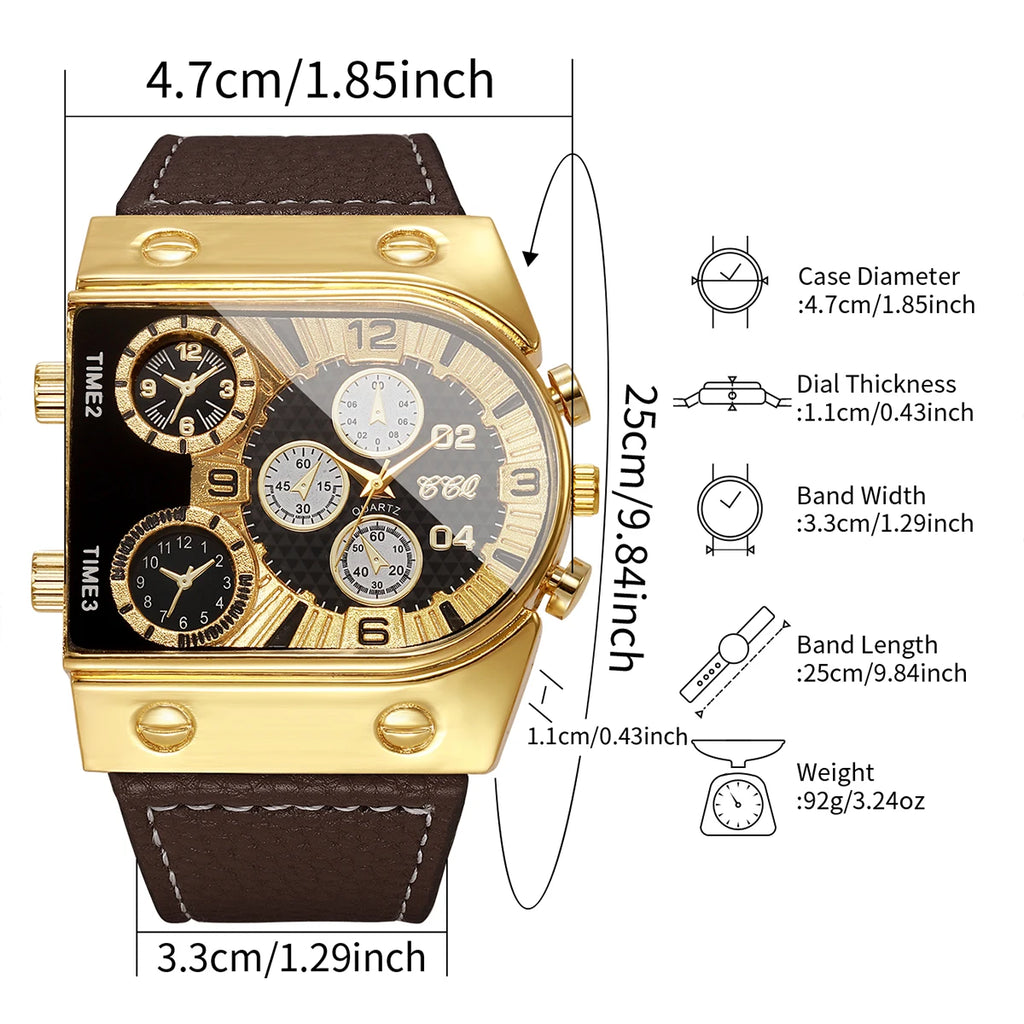 Luxury Square Decorative Five-eyes Dial Men Business Watch Casual Oversized Leather Strap Quartz Sports Wristwatch (Without Box)