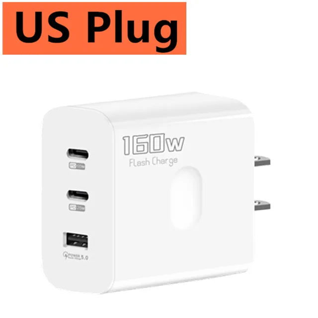 160W Fast Charger USB Type C Phone Charger Adapter Quick Charge QC 5.0 3.0 PD 65W Charger For iPhone iPad Samsung Huawei Xiaomi