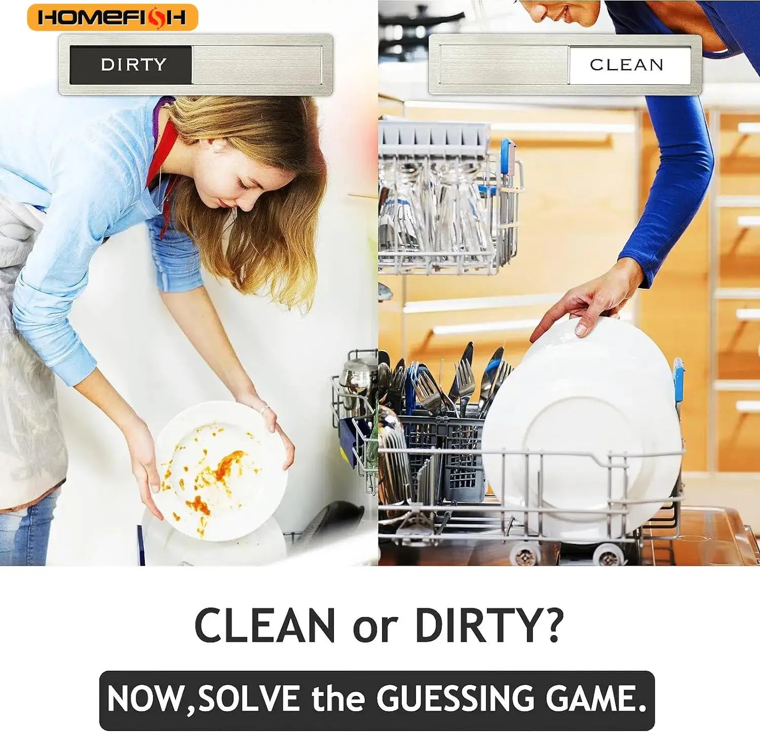 Dishwasher Magnet Clean Dirty Sign, Premium Stainless Steel Black and White Non-Scratch/Kitchen Decor/Easy to Read & Slide