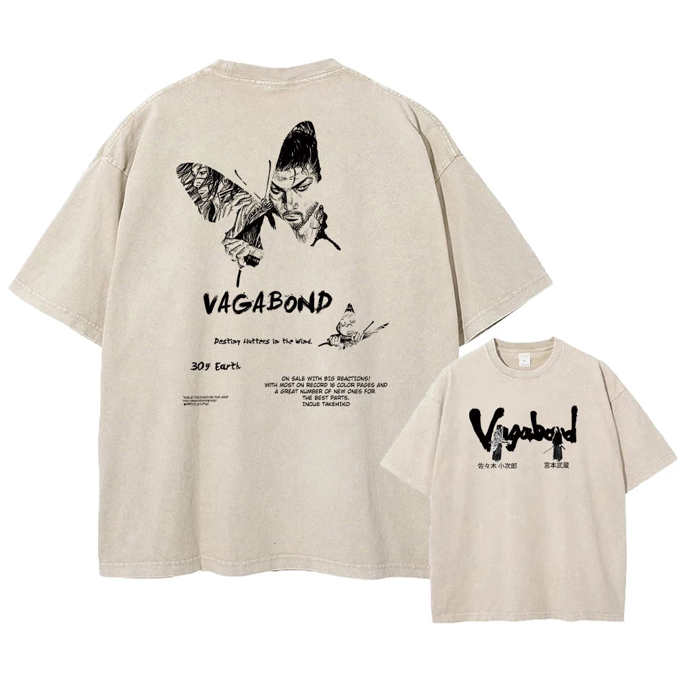 Anime Vagabond Miyamoto Musashi Cool Graphic Washed T Shirt Men Vintage Cotton T-shirts Harajuku Male Manga Comfortable Tshirt