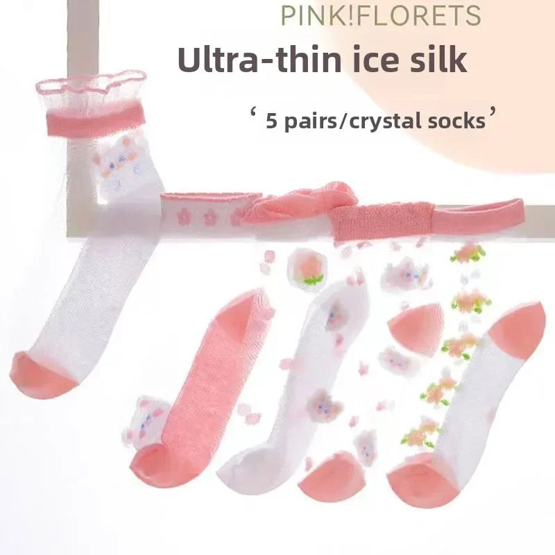 5 Pairs/Baby Girl Summer Socks Thin Ice Silk Mesh Crystal Breathable Cotton Short Mid Calf Boat Socks for Kids