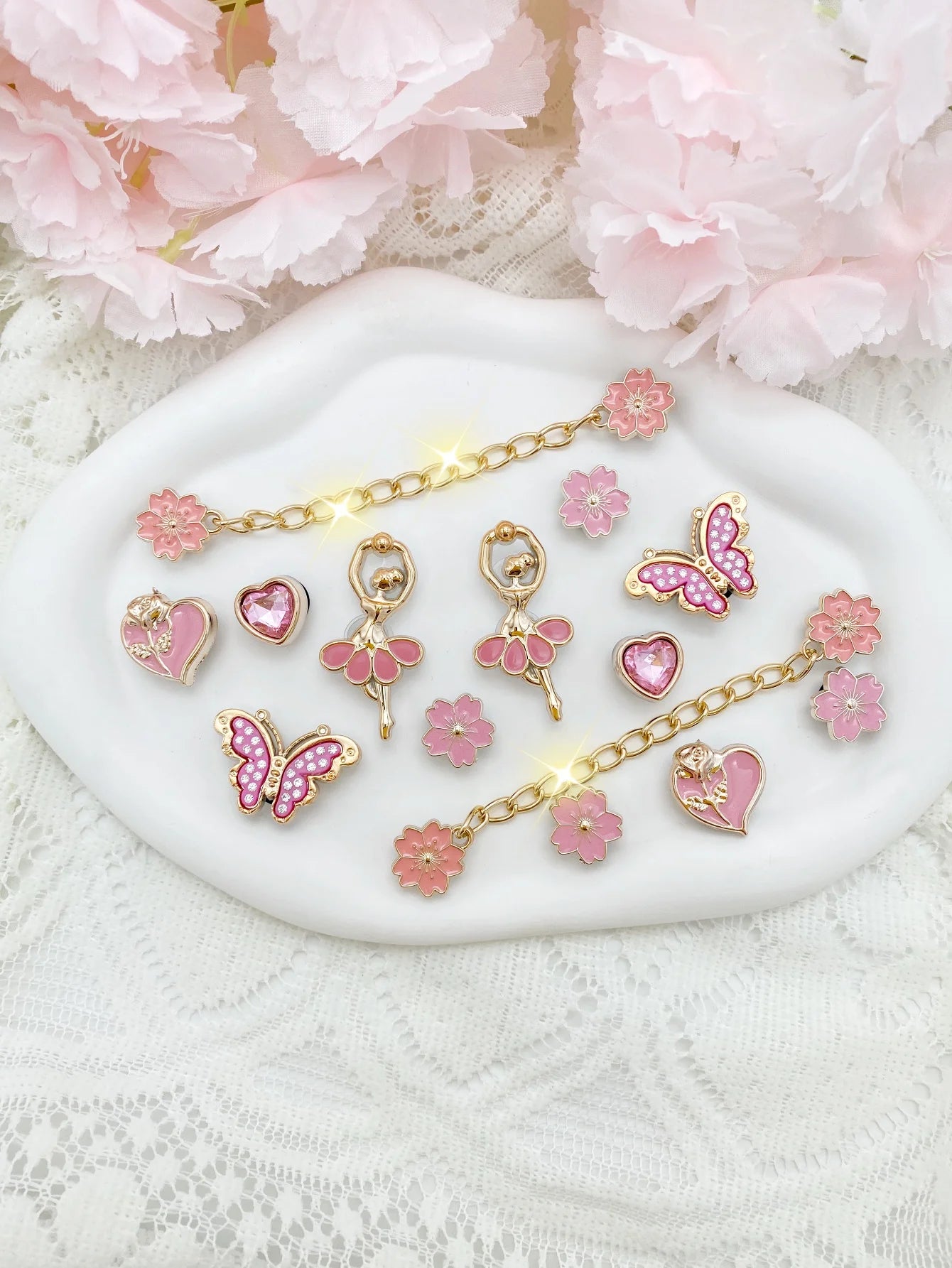 14pcs Fashion ABS Shoe Charms – Pink Flowers, Butterflies, Hearts & Flower Chains. DIY Removable Clog Decorations for Sandals, A