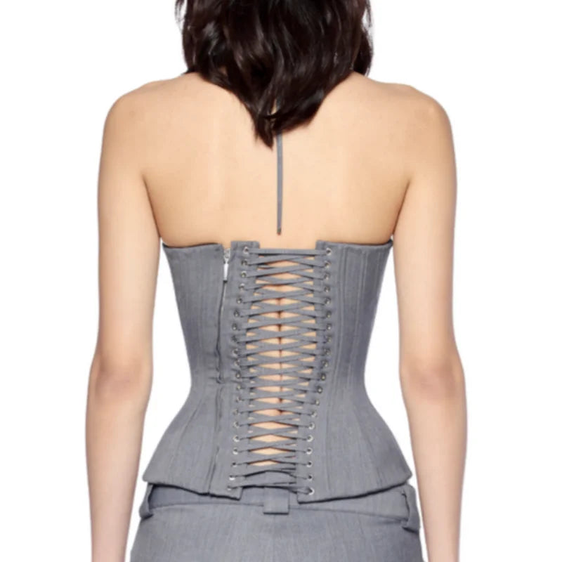 Sexy Patchwork Halter Suit Corset Low Neck A Line Lace Up Fishbone Top Solid Tube Vest 2026 New Lady Party Vacation Tops
