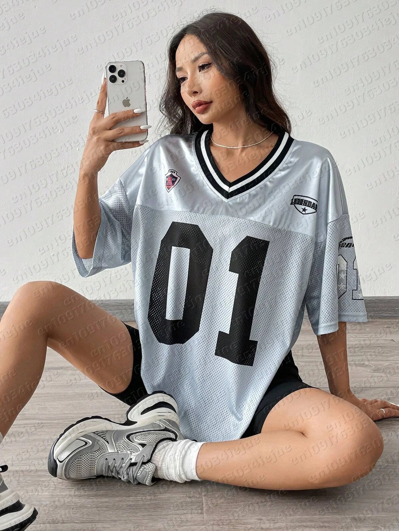 American Sports Fashion V-Neck T-Shirt Street Y2K Hip-Hop Jersey Women's Loose Breathable Quick Drying Casual Versatile Top