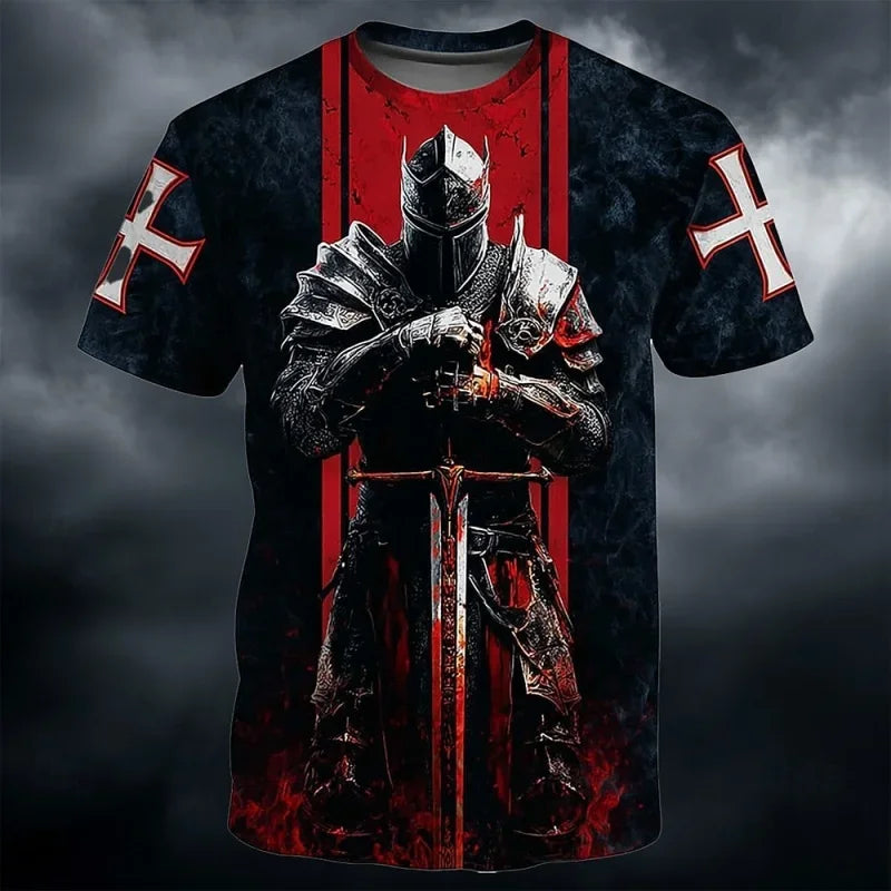 3D Print Templar Knight Warrior T-Shirt For Men Medieval Graphic Short Sleeve Tees Summer Casual Street Tops Round Neck T Shirts