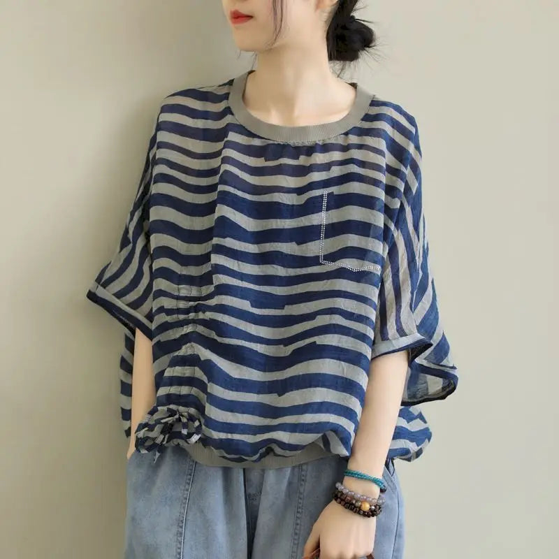 Oversized T Shirts Women Fashion Striped Irregular Design T-shirt Casual Loose Short Sleeve Top Summer Trend Thin Tshirt Vintage
