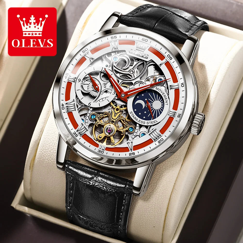 OLEVS 6670  Men Watch Luxury Leather Strap Sport Clock Business Automatic Mechanical Skeleton Wristwatch for Man High Quality