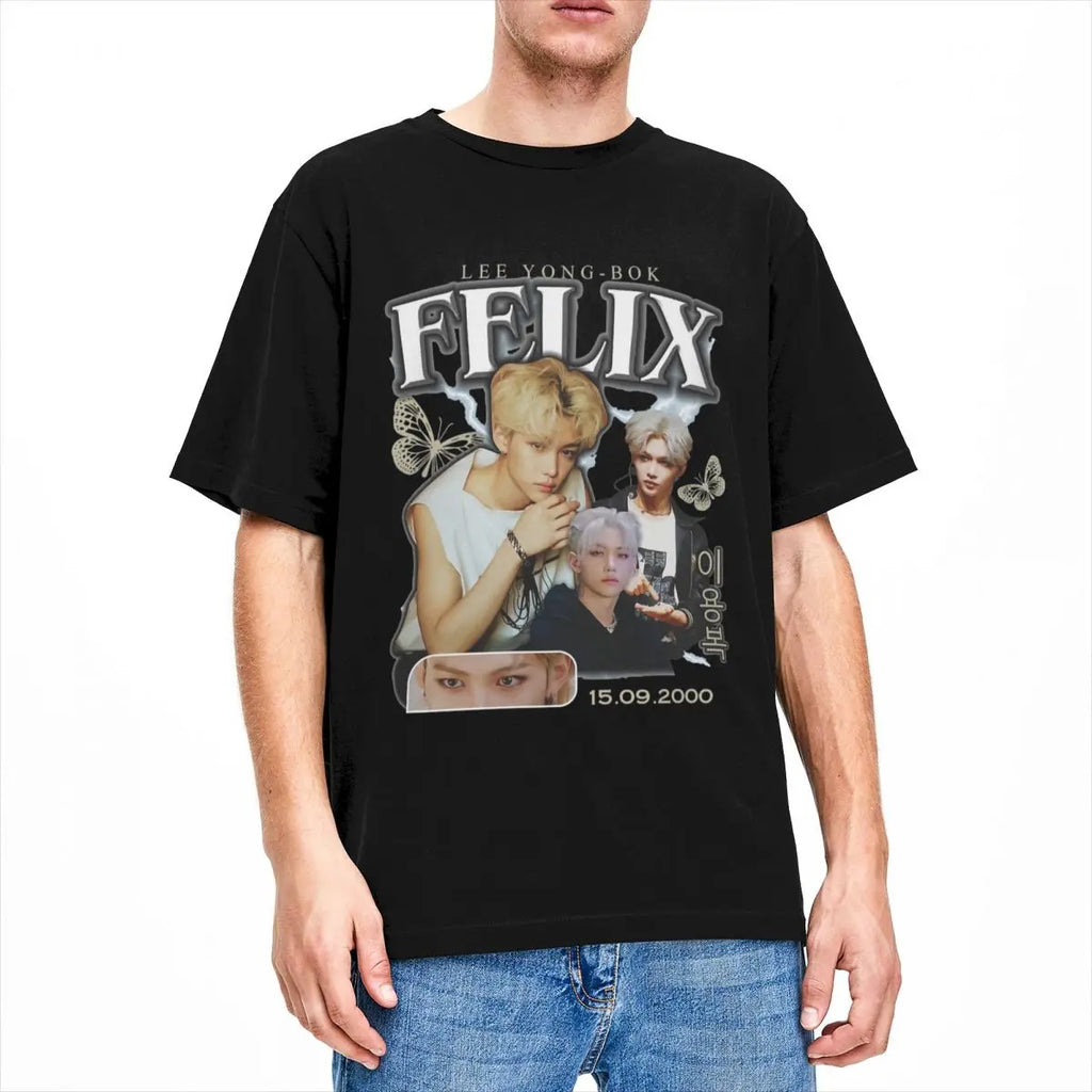 Men FELIX Korean Kpop Singer T Shirts Idol Cotton Clothing Summer Vintage Short Sleeve T-Shirt O Neck Harajuku Tshirt