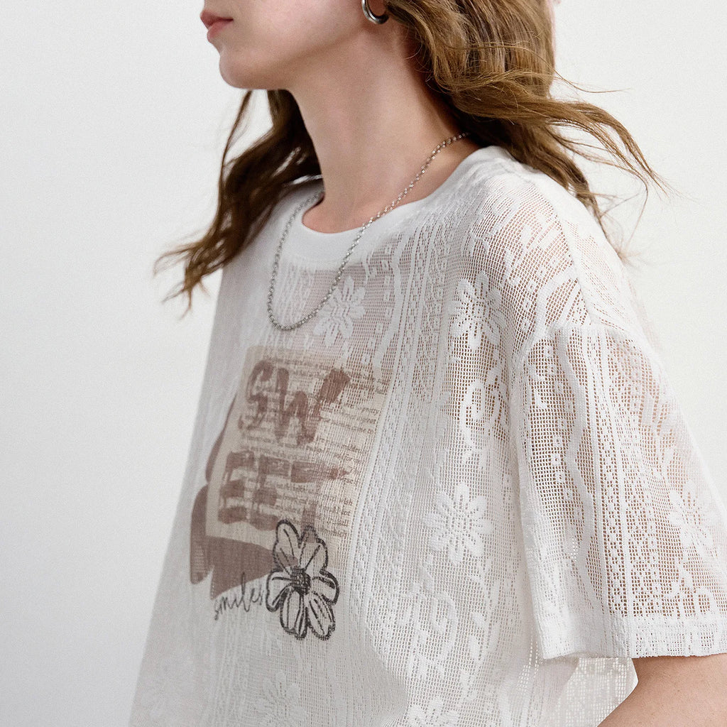 TOYOUTH Women Lace Sheer T-Shirt 2026 Summer New Letter Flower Print Loose Drop Shoulder Fashion Pullover Tops