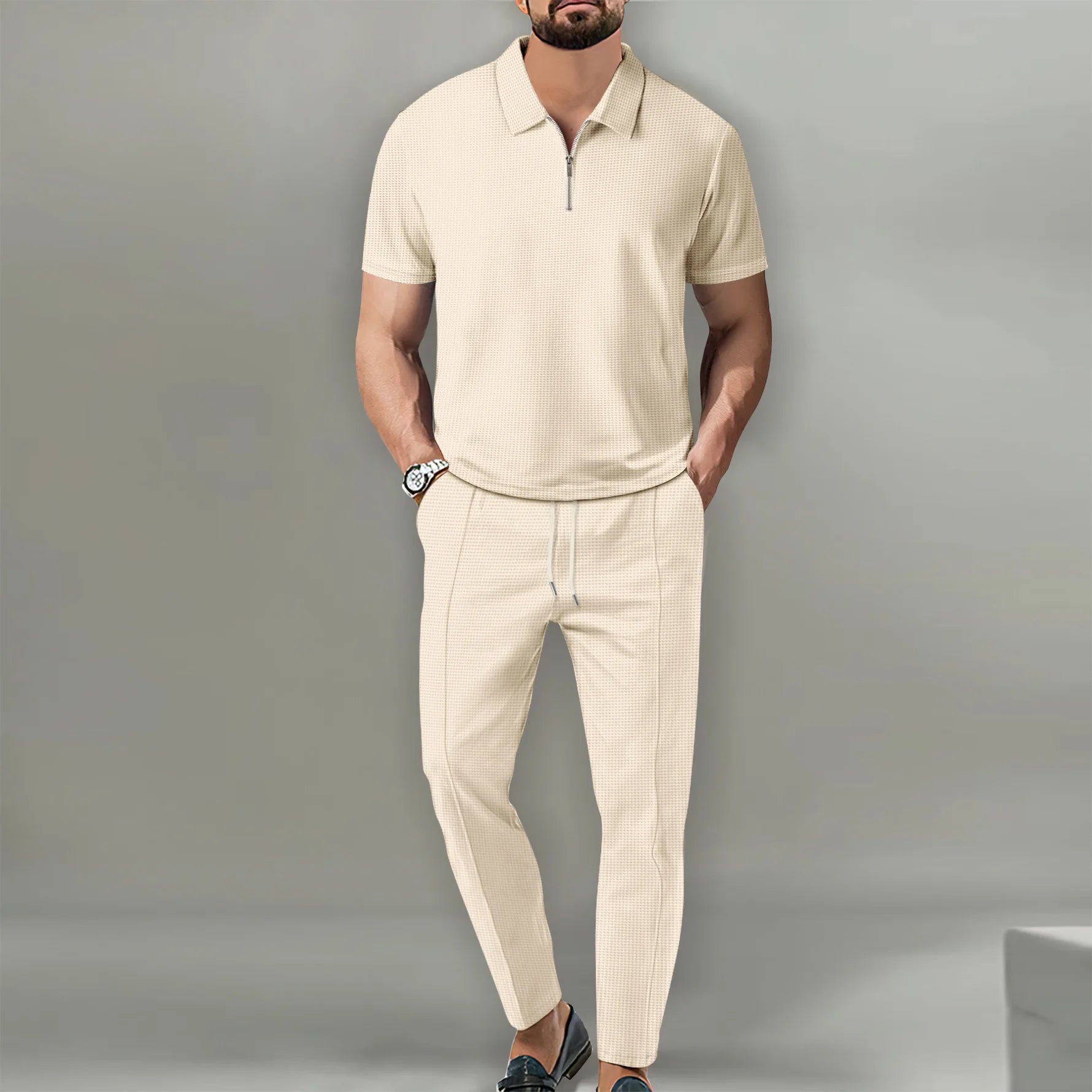 Summer Men Sports Polo Suit Short Sleeve Stylish Zipper Polo Shirt And Shorts Set Men Casual Streetwear 2-pie Leisure Sports Set
