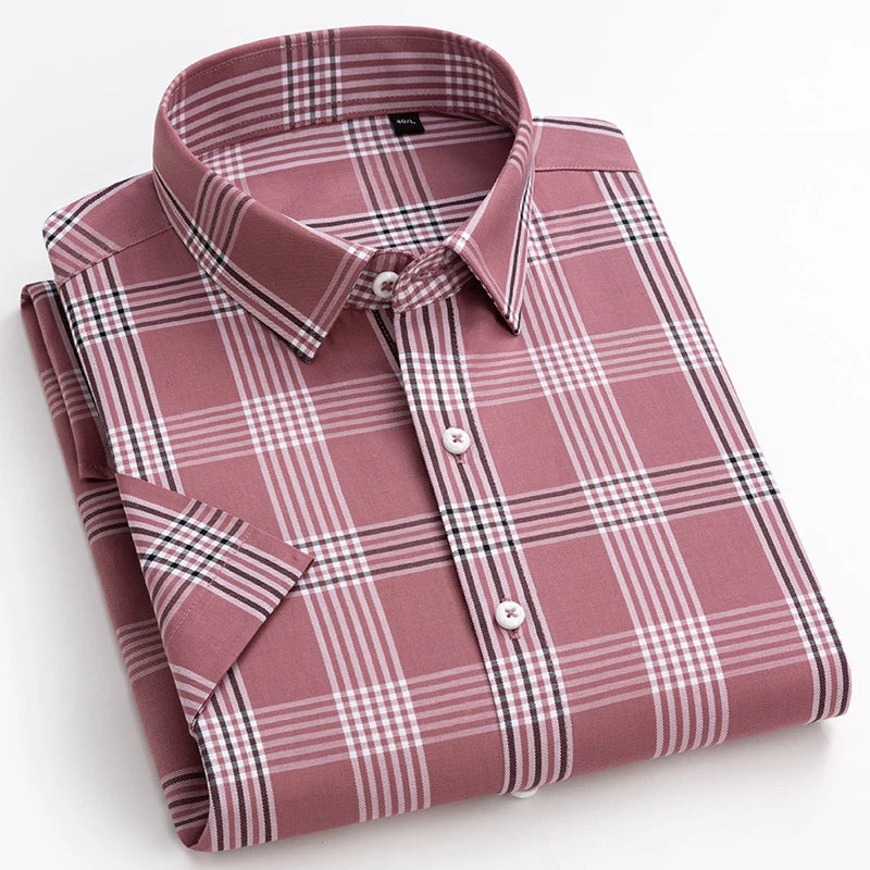 Men's Fashion Plaid Checkered Short Sleeve 100% Cotton Shirt Button-collar Holiday Youthful Striped Summer Casual Gingham Shirts