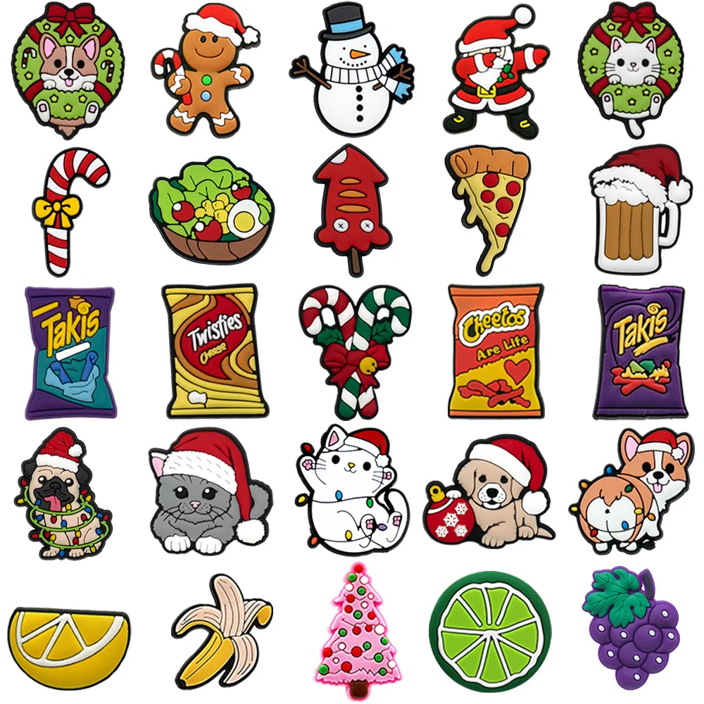 1/25PCS Christmas Style Shoe Charms Festive Fruit Lemon Pizza Vegetable Salad Shoe Accessories Pins for Xmas Party Holiday Gifts