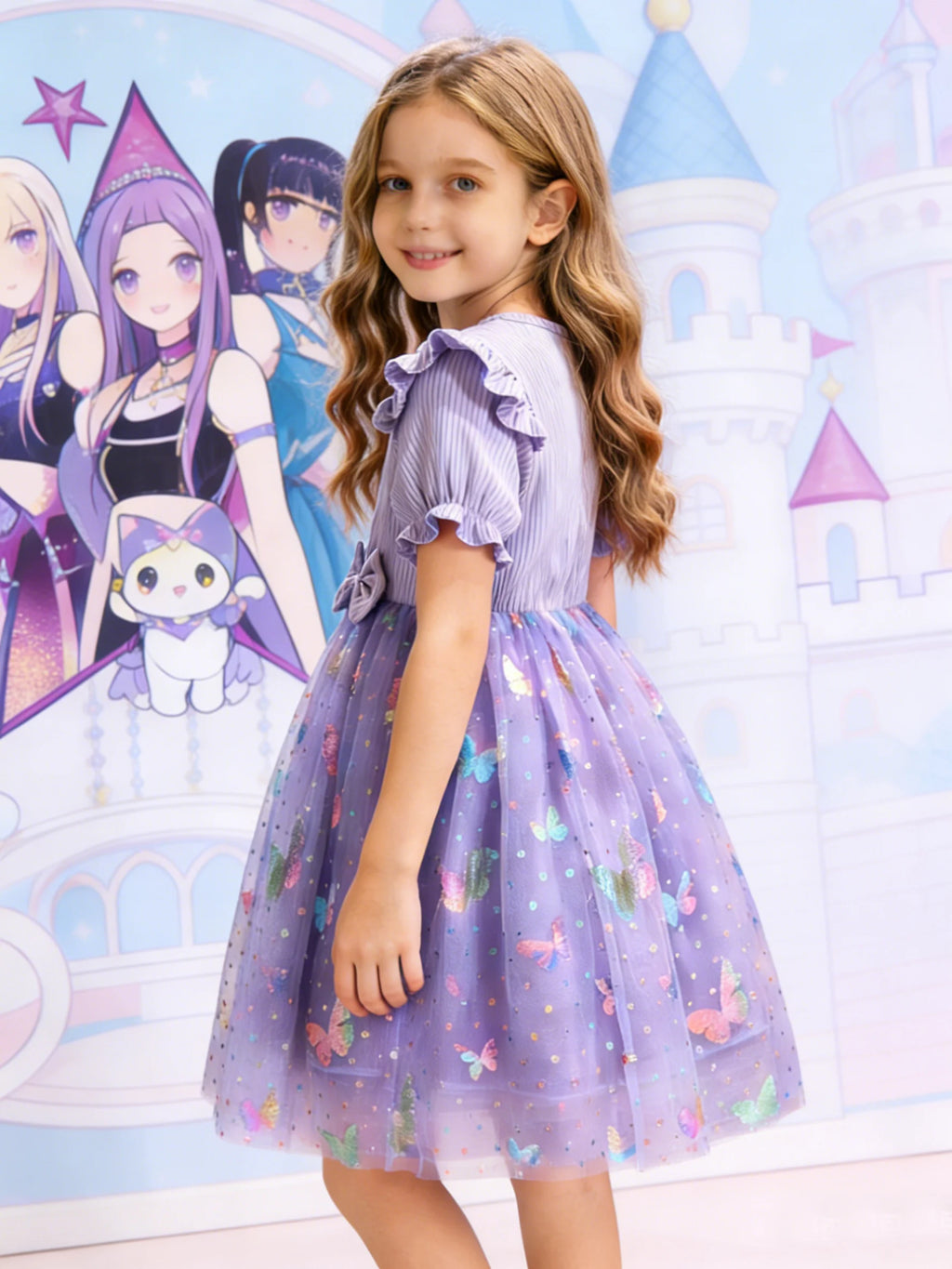 Dreamy Style Kids Princess Dress, Purple, K-POP Cartoon Print + Colorful Dot Butterfly Sequin Elements