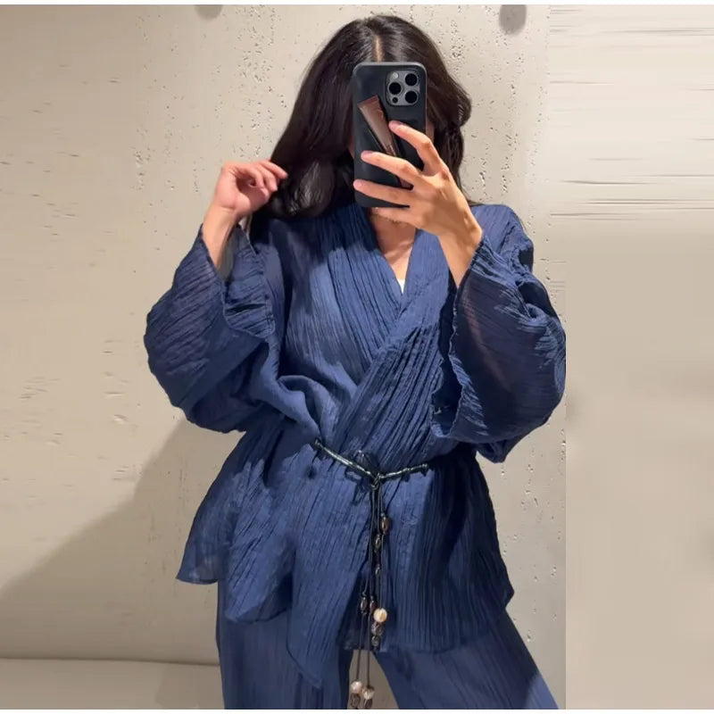Casual Pleated Cardigan Pants Set V-neck Drop Shoulder Flared Sleeves Belt Waist Shirt Wide Leg Pants 2026 Chic Lightweight Sets